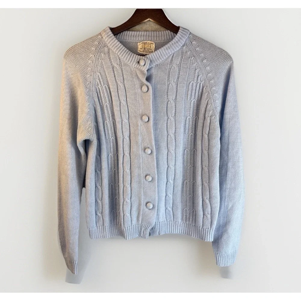 WT Grants Vintage Cardigan Baby Blue S/M Hand Loomed Cottage Grandma Secretary‎